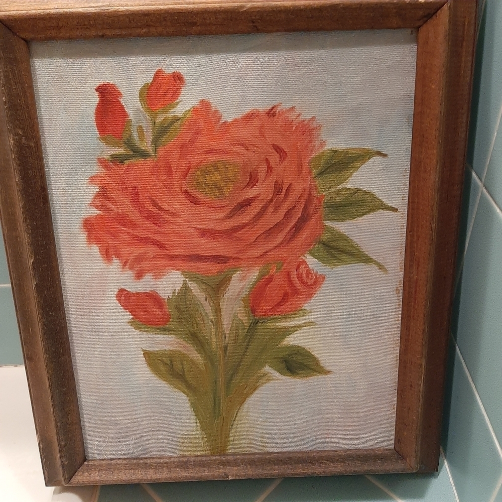 VTG SIGNED HAND PAINTED ROSE ON CANVAS.